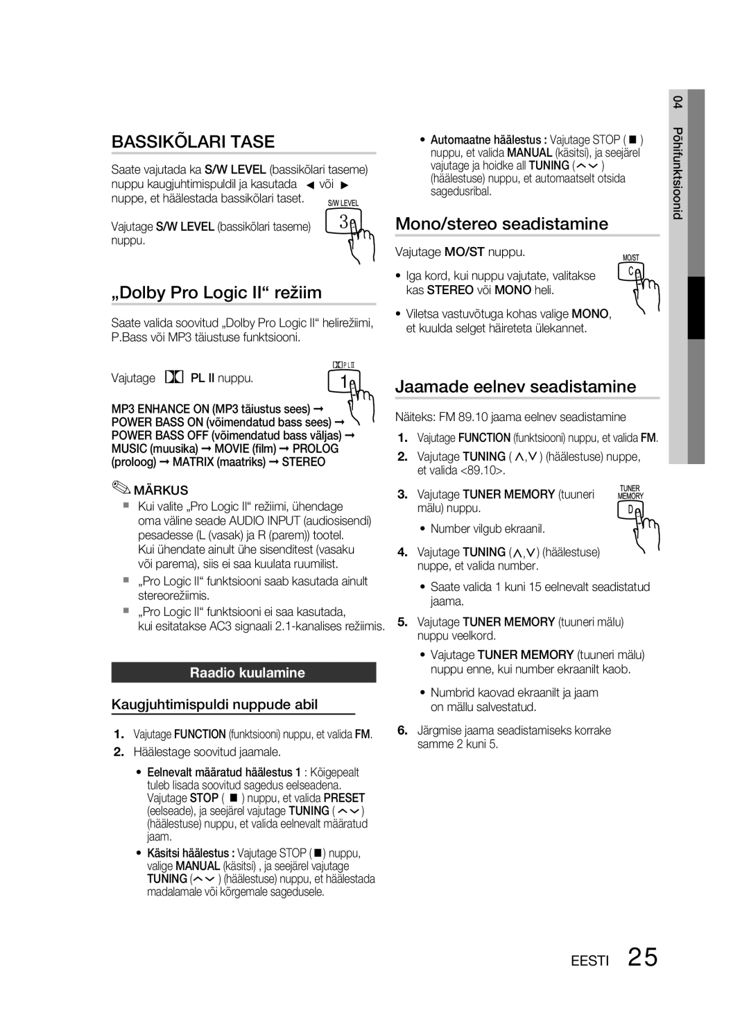 Samsung HT-D330/EN „Dolby Pro Logic II režiim, Mono/stereo seadistamine, Jaamade eelnev seadistamine, Raadio kuulamine 