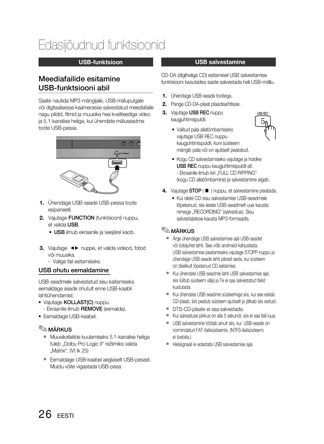 Samsung HT-D330/EN manual Edasijõudnud funktsioonid, Meediafailide esitamine USB-funktsiooni abil, USB ohutu eemaldamine 