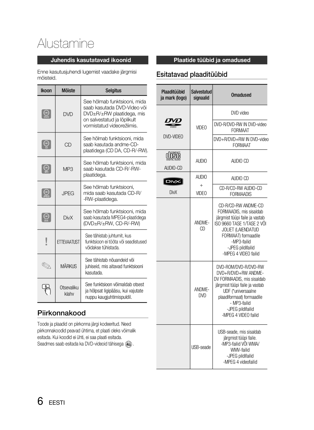 Samsung HT-D330/EN manual Alustamine, Piirkonnakood, Esitatavad plaaditüübid, Juhendis kasutatavad ikoonid 