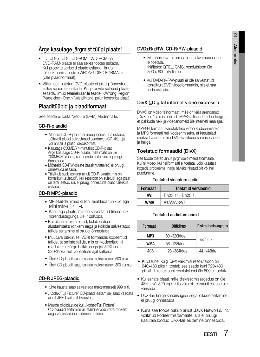 Samsung HT-D330/EN manual Ärge kasutage järgmist tüüpi plaate, Plaaditüübid ja plaadiformaat 