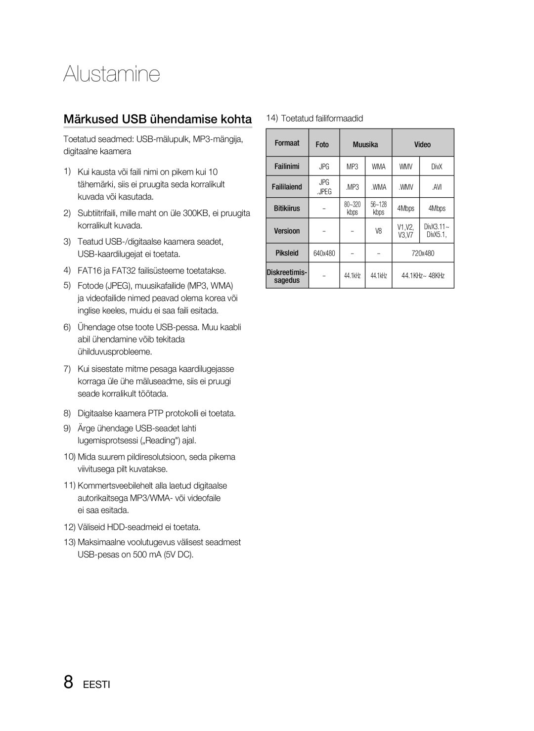 Samsung HT-D330/EN Märkused USB ühendamise kohta, Digitaalse kaamera PTP protokolli ei toetata, Toetatud failiformaadid 