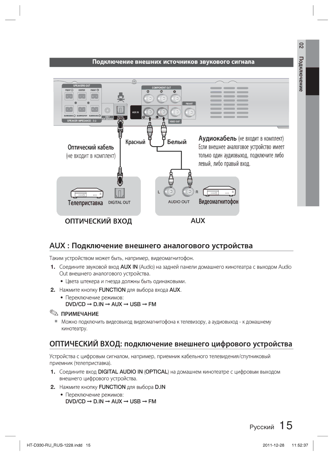 Samsung HT-D330K/RU manual AUX Подключение внешнего аналогового устройства, Левый, либо правый вход, Телеприставка 