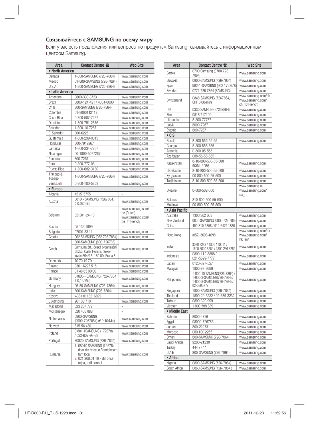 Samsung HT-D330K/RU Area Contact Centre  Web Site ` North America, ` Latin America, ` Europe, ` Asia Paciﬁc, ` Africa 