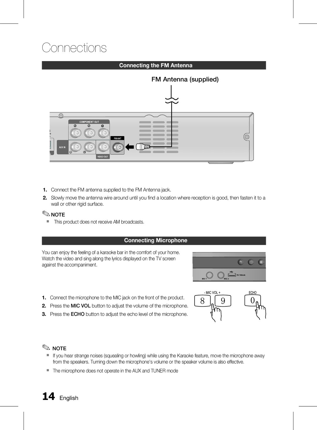 Samsung HT-D330K/ZN, HT-D330K/UM manual Connecting the fm Antenna, Connecting microphone 