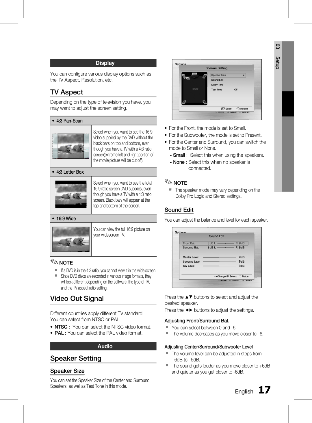 Samsung HT-D330K/UM, HT-D330K/ZN manual TV Aspect, Video Out Signal, Speaker Setting, Display, Audio 