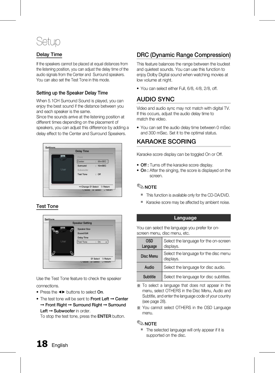 Samsung HT-D330K/ZN, HT-D330K/UM DRC Dynamic Range Compression, Setting up the Speaker Delay Time, Test Tone, Language 