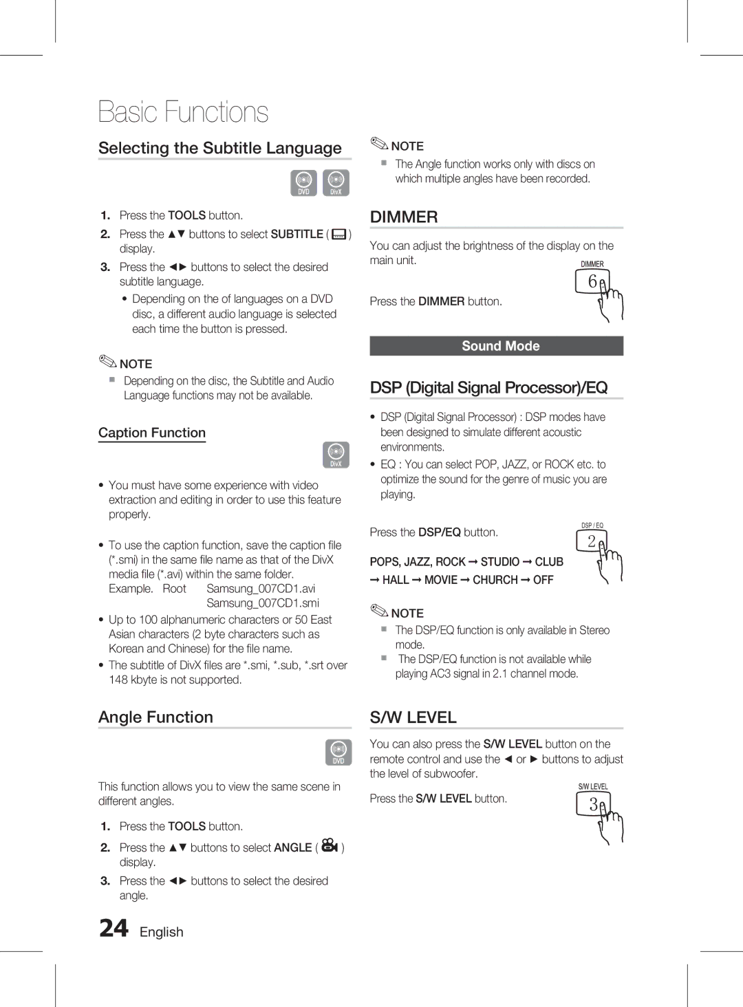 Samsung HT-D330K/ZN Selecting the Subtitle Language, DSP Digital Signal Processor/EQ, Angle Function, Caption Function 