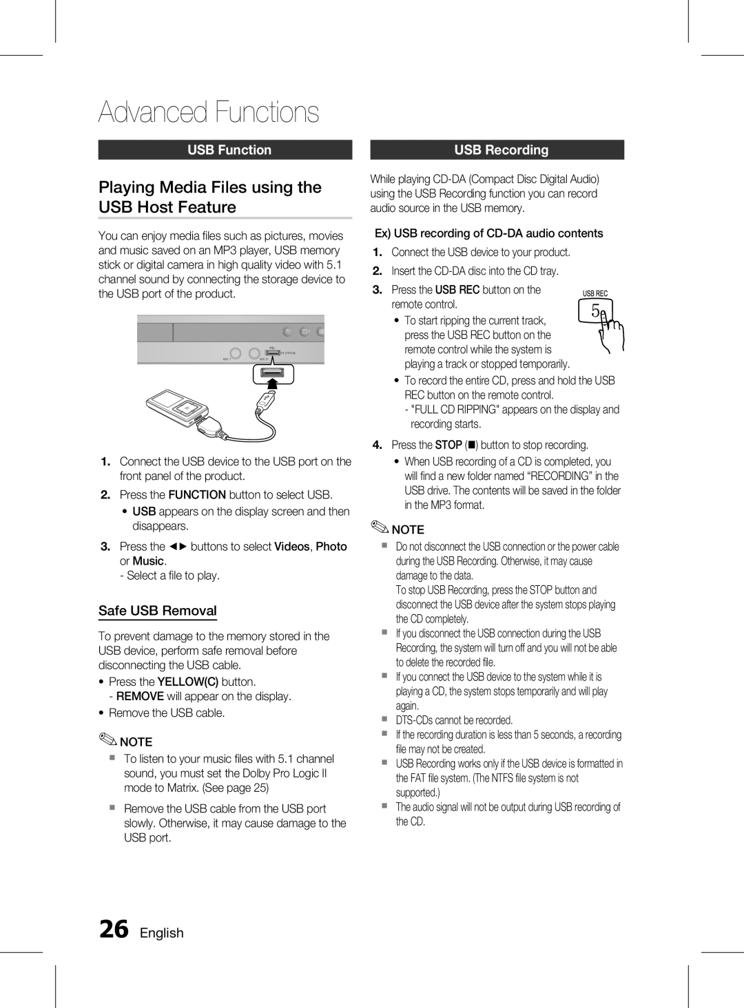 Samsung HT-D330K/ZN manual Playing Media Files using the USB Host Feature, USB function, Safe USB Removal, USB Recording 