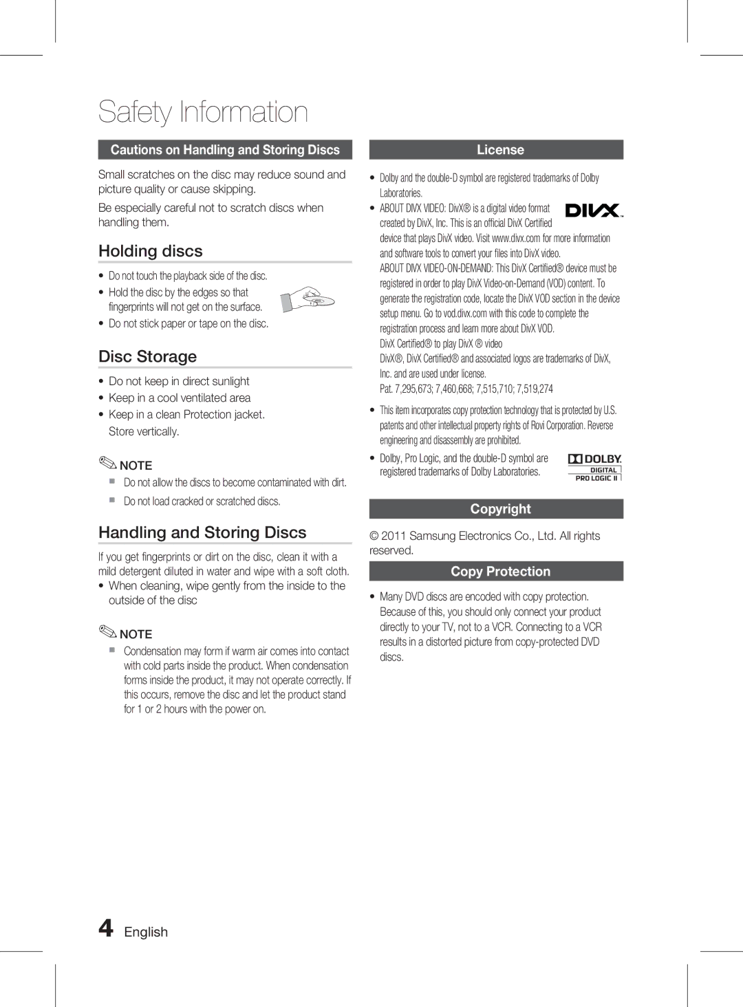 Samsung HT-D330K/ZN manual Holding discs, Disc Storage, Handling and Storing Discs, License, Copyright Copy Protection 