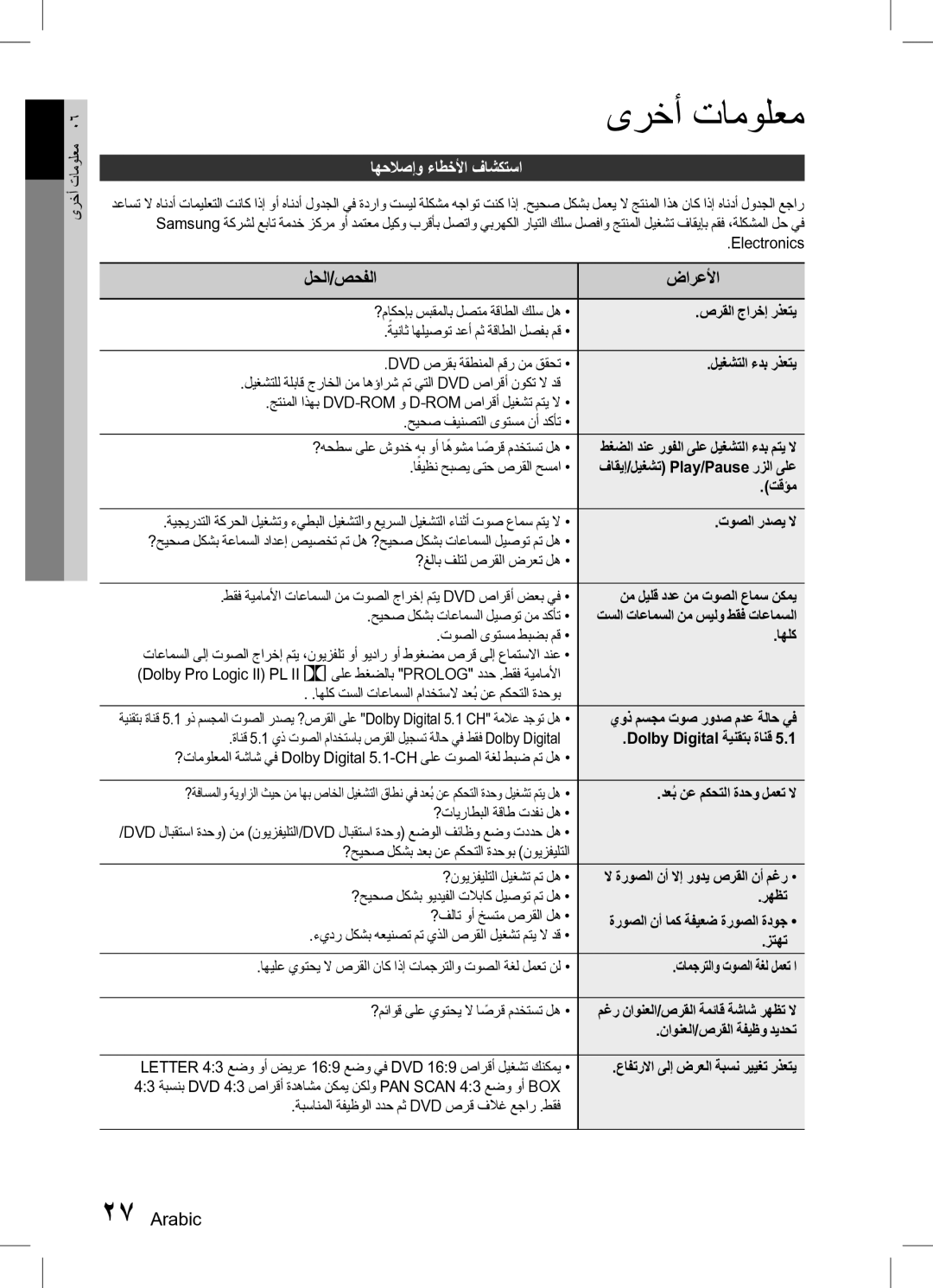 Samsung HT-D330K/ZN, HT-D330K/UM manual ىرخأ تامولعم, اهحلاصإو ءاطخلأا فاشكتسا 