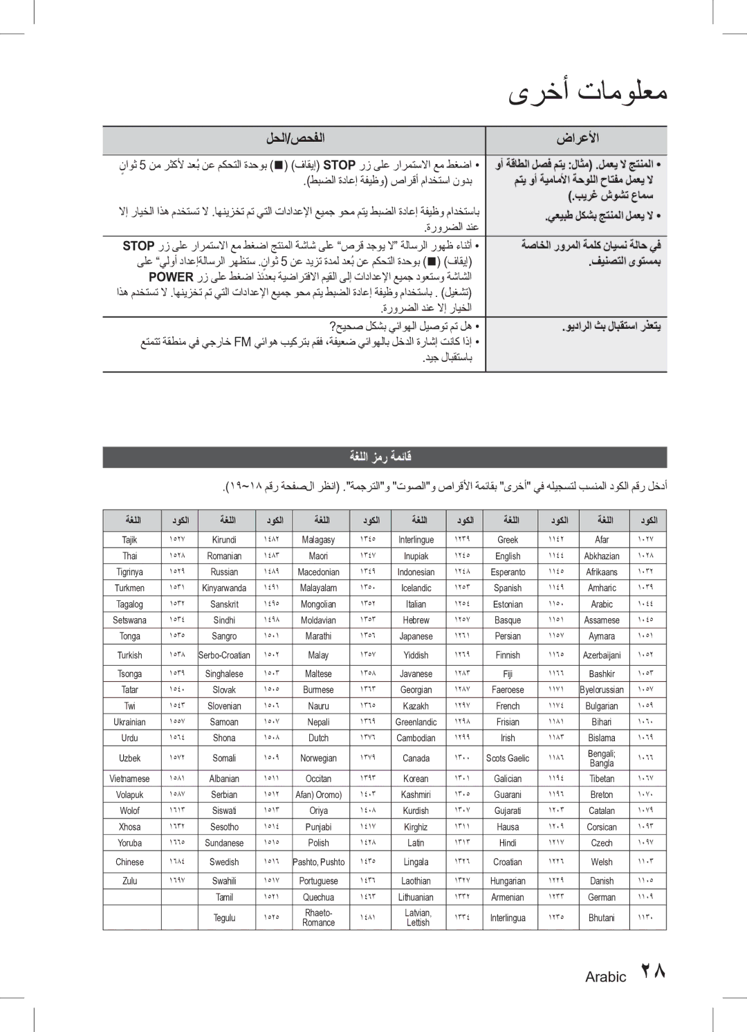 Samsung HT-D330K/UM, HT-D330K/ZN manual ةغللا زمر ةمئاق 