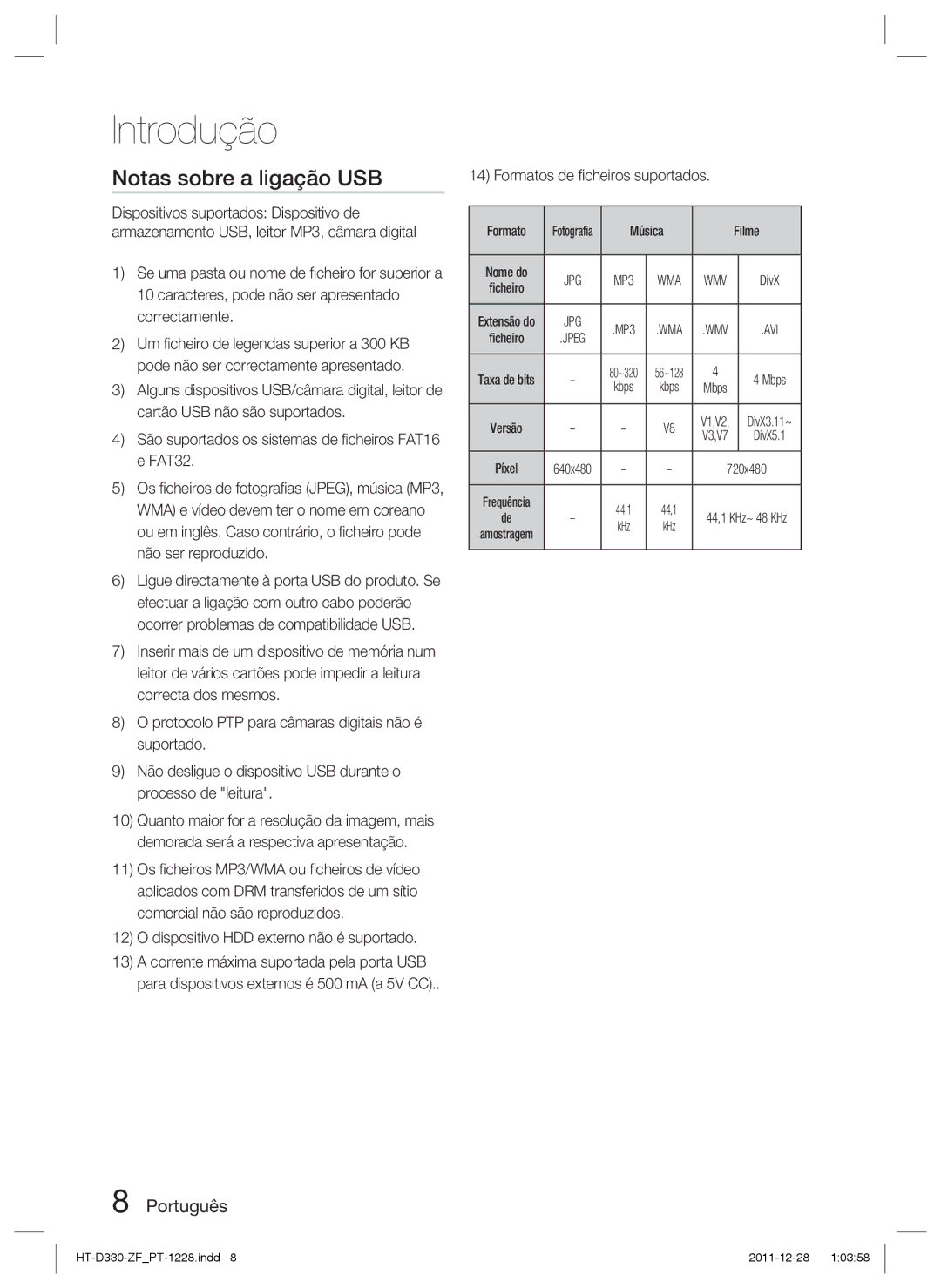 Samsung HT-D330/ZF Notas sobre a ligação USB, Dispositivo HDD externo não é suportado, Formatos de ﬁcheiros suportados 