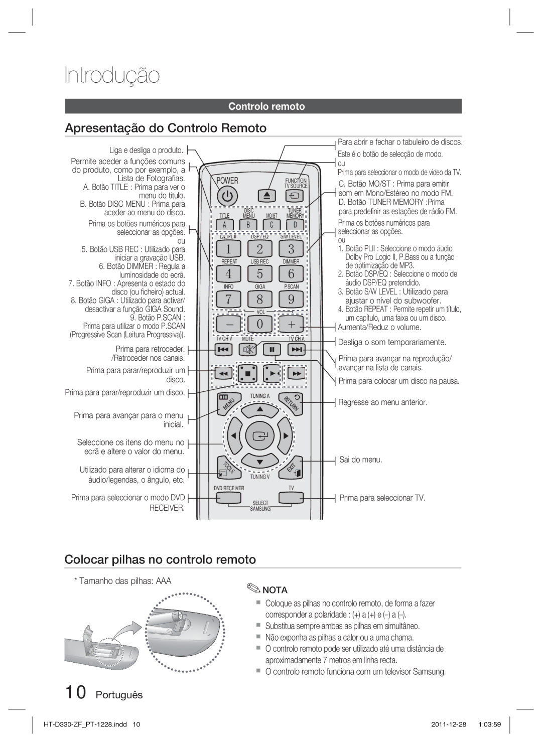 Samsung HT-D330/ZF manual Apresentação do Controlo Remoto, Colocar pilhas no controlo remoto, Controlo remoto 