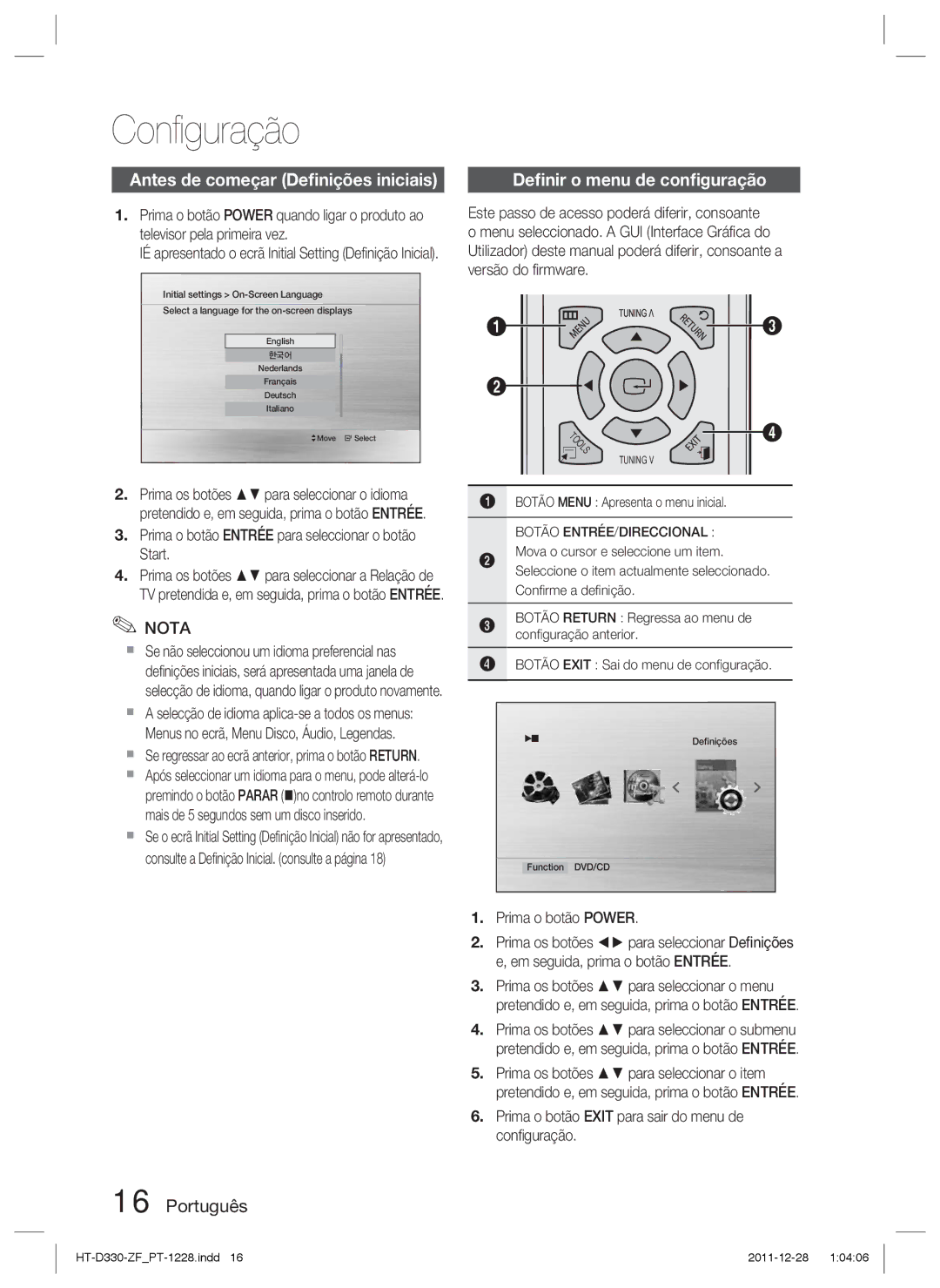 Samsung HT-D330/ZF manual Conﬁguração, Antes de começar Deﬁnições iniciais, Deﬁnir o menu de conﬁguração 