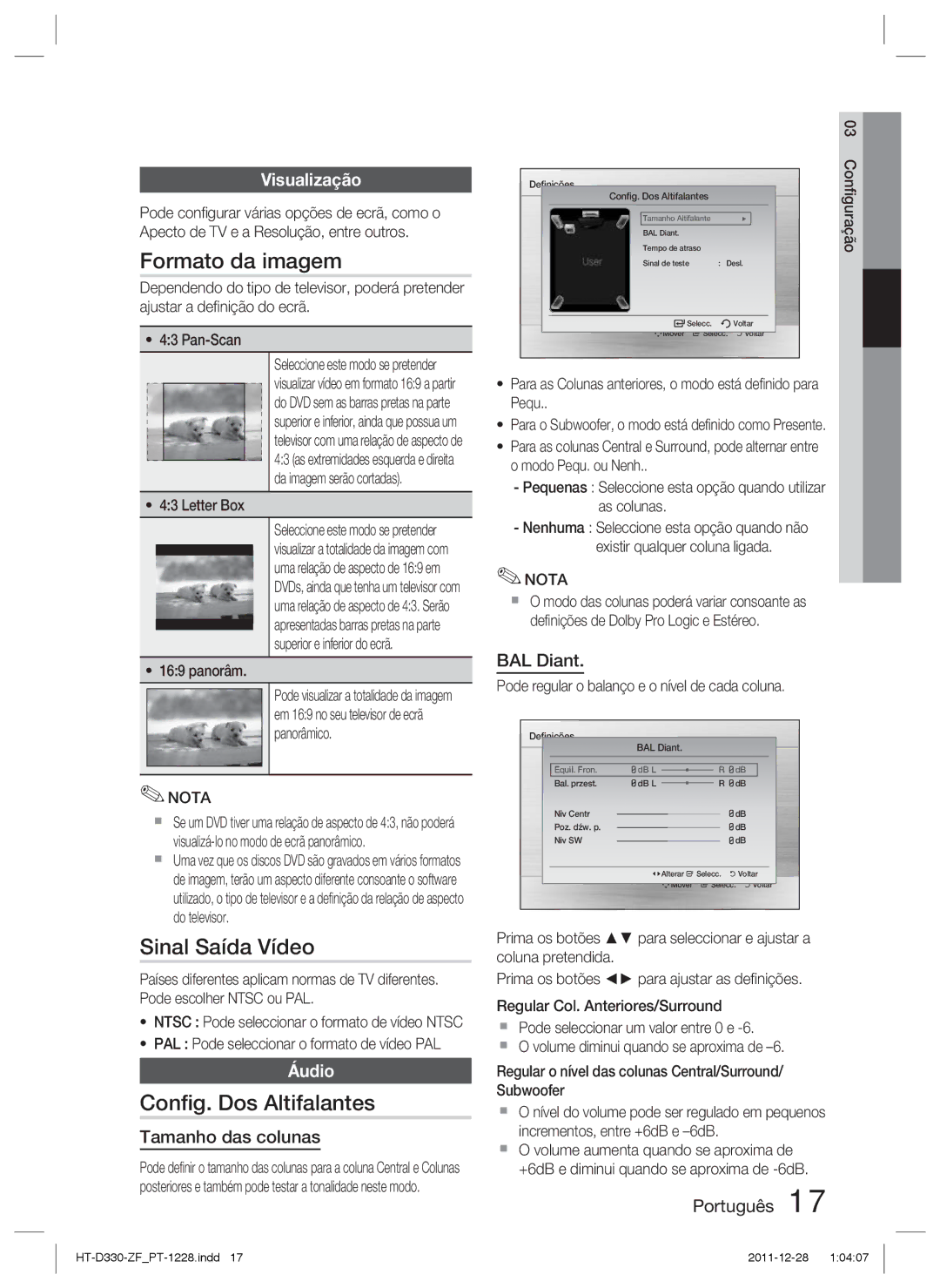 Samsung HT-D330/ZF manual Formato da imagem, Sinal Saída Vídeo, Conﬁg. Dos Altifalantes, Visualização, Áudio 