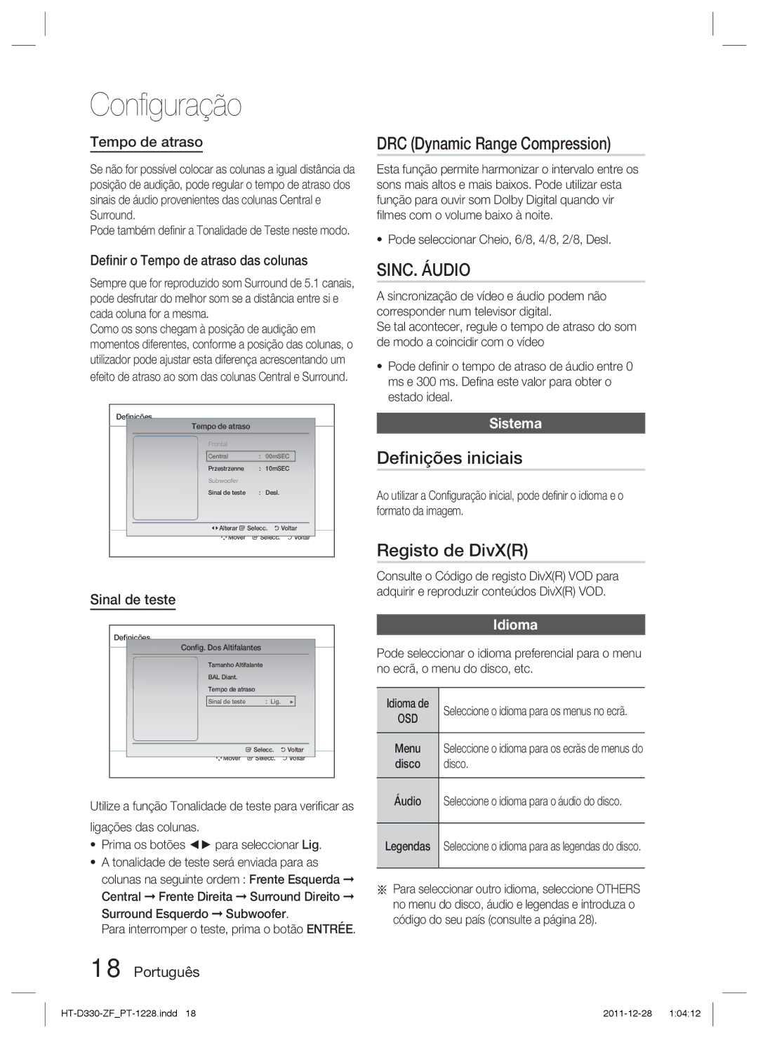 Samsung HT-D330/ZF manual DRC Dynamic Range Compression, SINC. Áudio, Deﬁnições iniciais, Registo de DivXR 