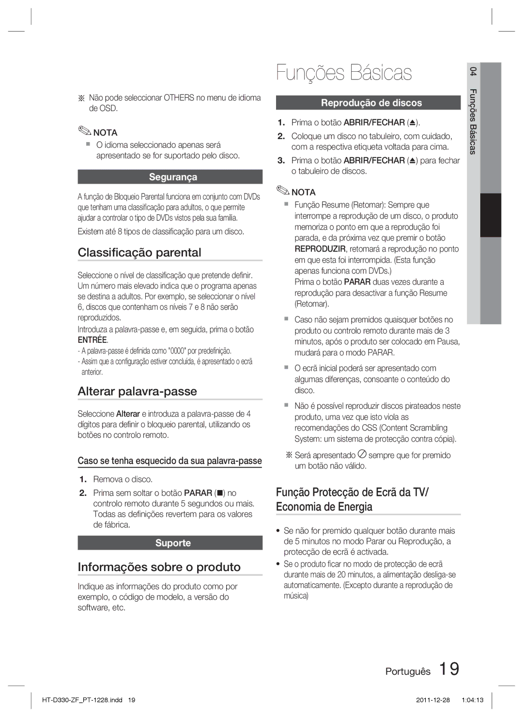 Samsung HT-D330/ZF manual Funções Básicas, Classiﬁcação parental, Alterar palavra-passe, Informações sobre o produto 