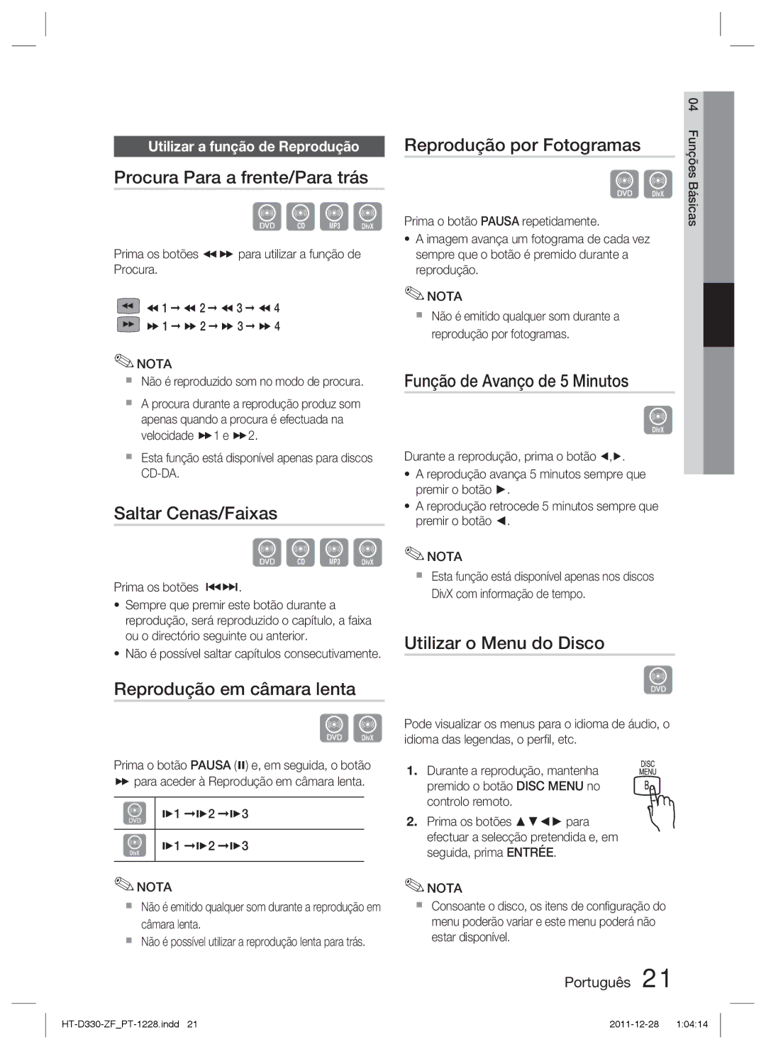 Samsung HT-D330/ZF manual Procura Para a frente/Para trás, Saltar Cenas/Faixas, Reprodução em câmara lenta 