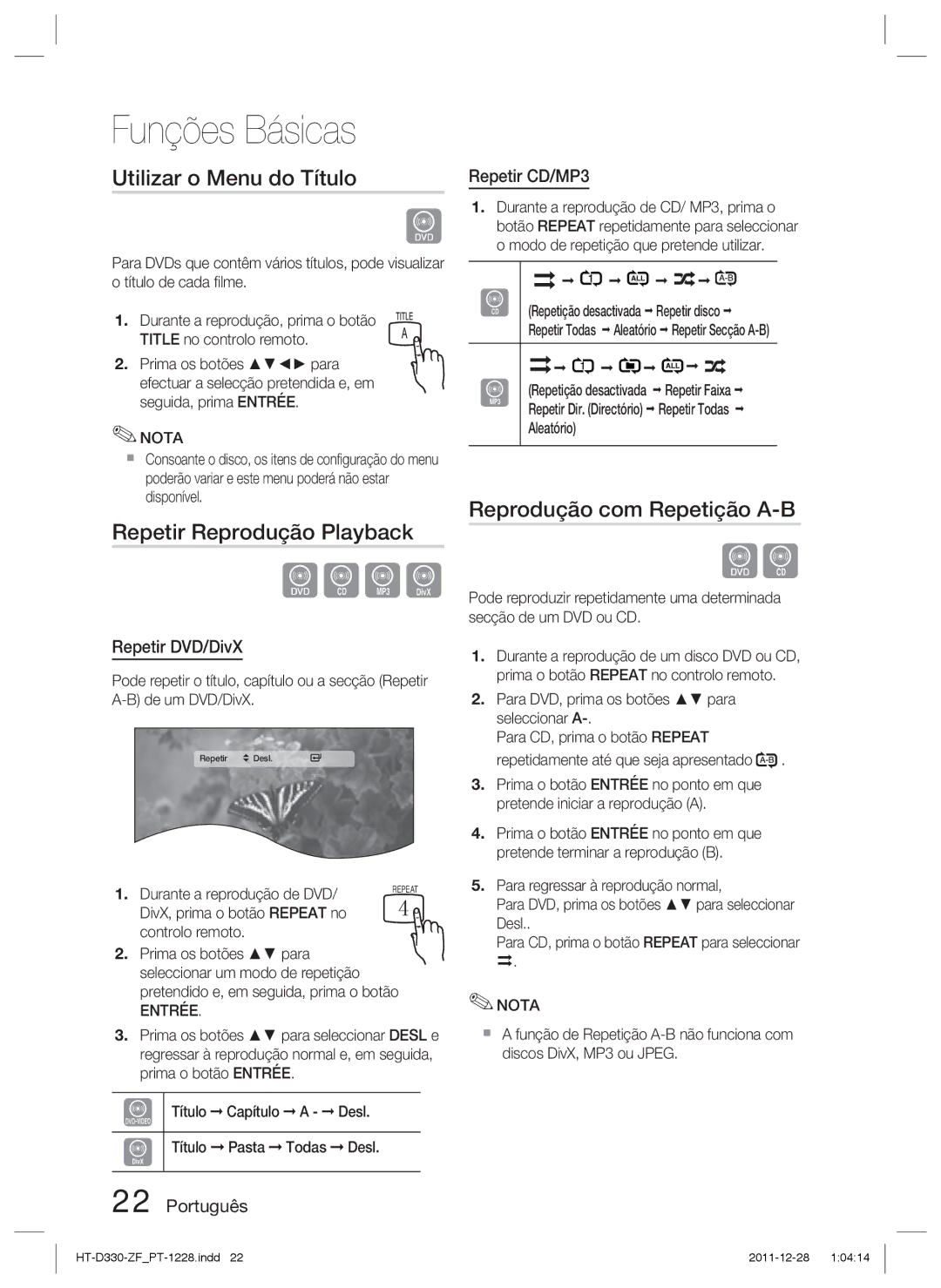 Samsung HT-D330/ZF manual Utilizar o Menu do Título, Repetir Reprodução Playback, Reprodução com Repetição A-B 