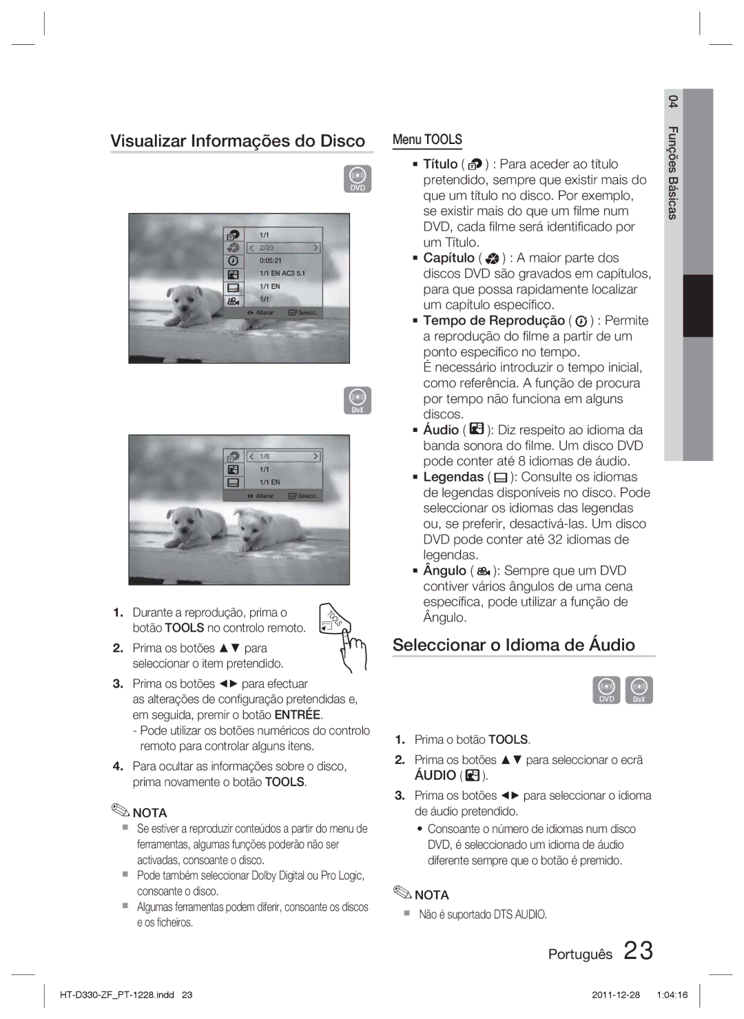 Samsung HT-D330/ZF manual Visualizar Informações do Disco, Seleccionar o Idioma de Áudio, Menu Tools 