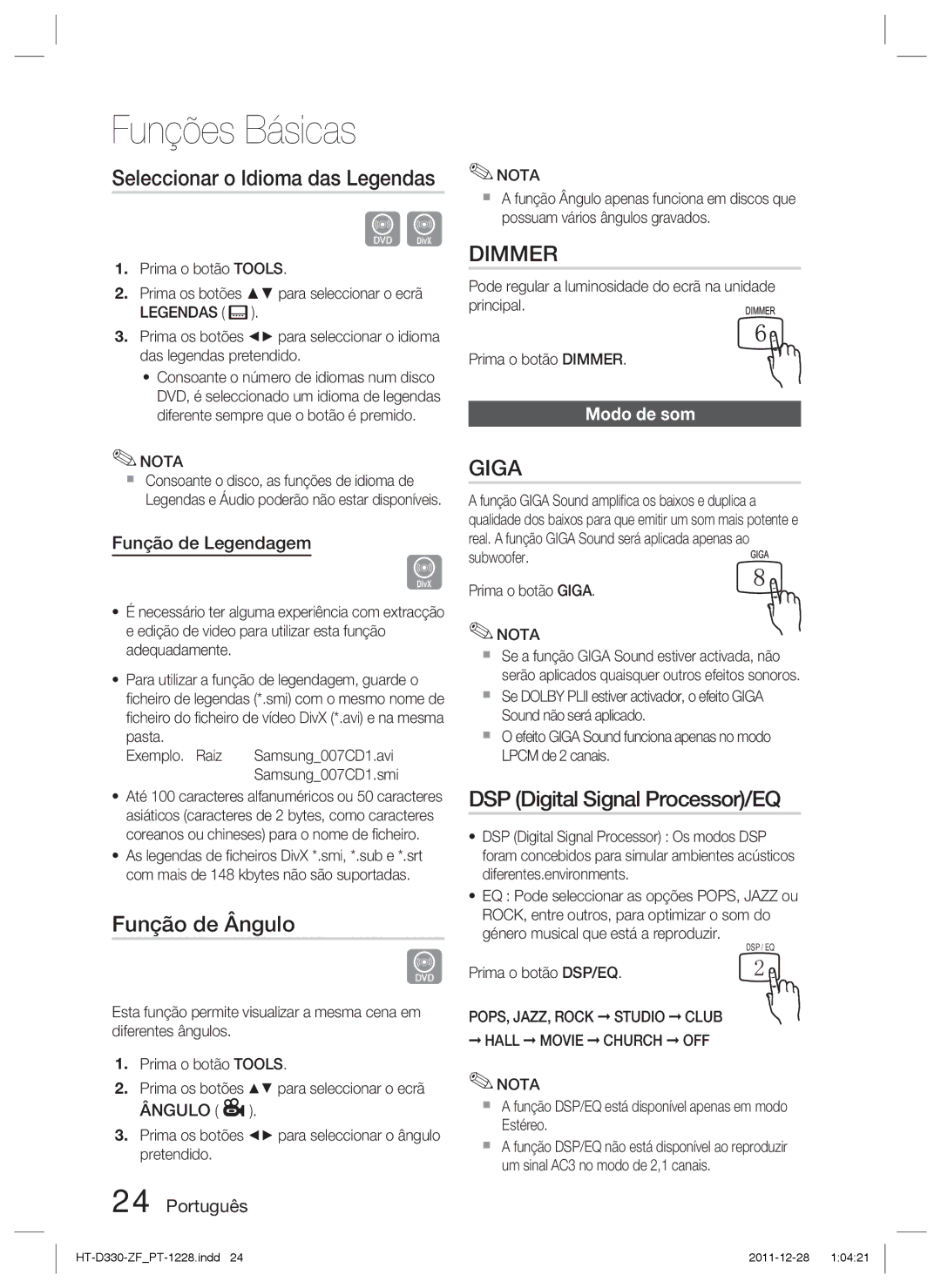 Samsung HT-D330/ZF manual Seleccionar o Idioma das Legendas, Função de Ângulo, Função de Legendagem, Modo de som 