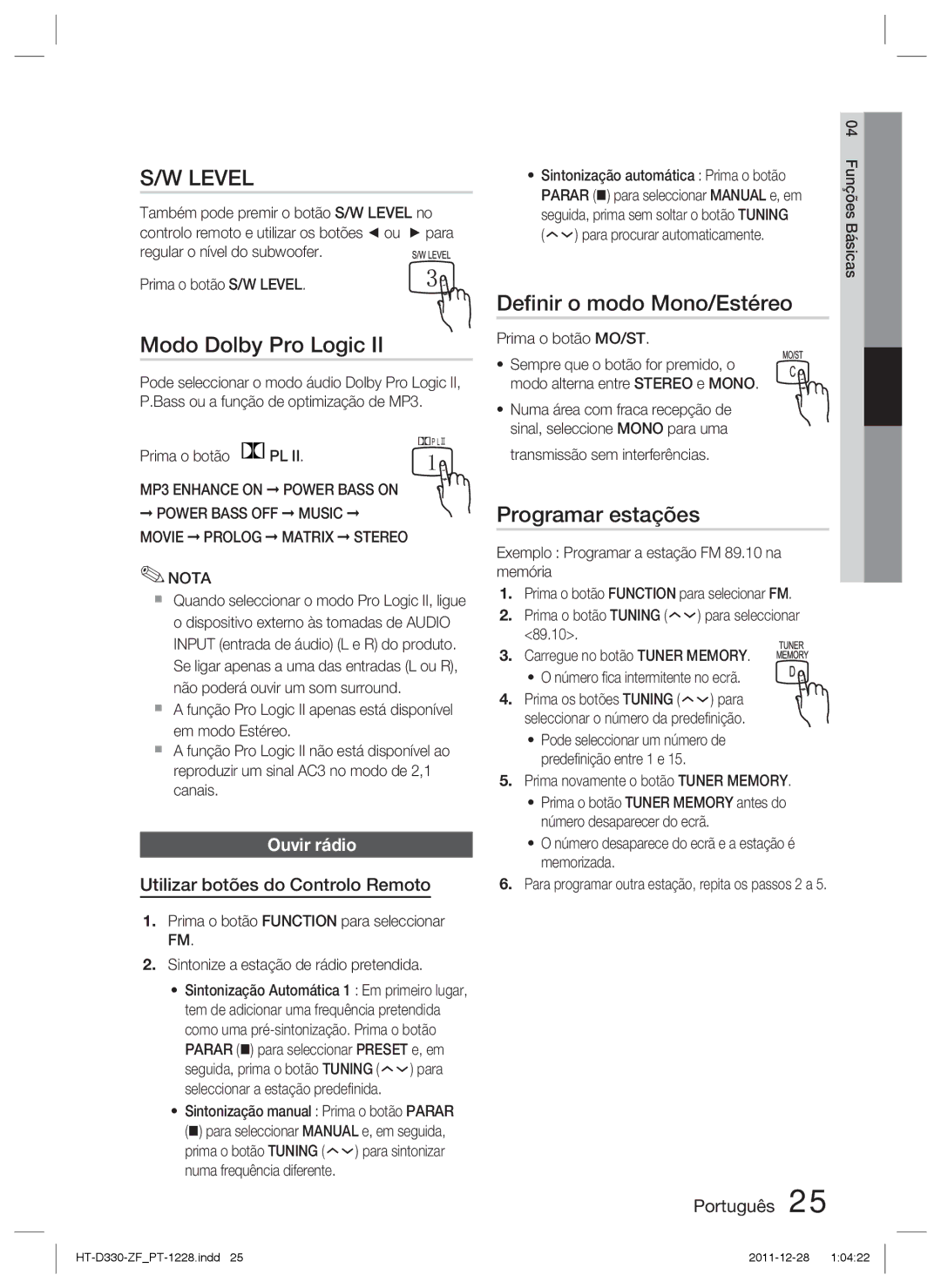 Samsung HT-D330/ZF manual Deﬁnir o modo Mono/Estéreo, Programar estações, Ouvir rádio, Utilizar botões do Controlo Remoto 