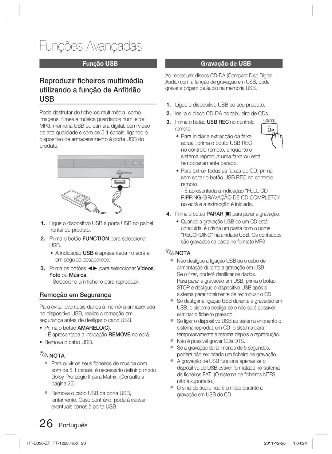 Samsung HT-D330/ZF manual Usb, Função USB, Remoção em Segurança, Gravação de USB 