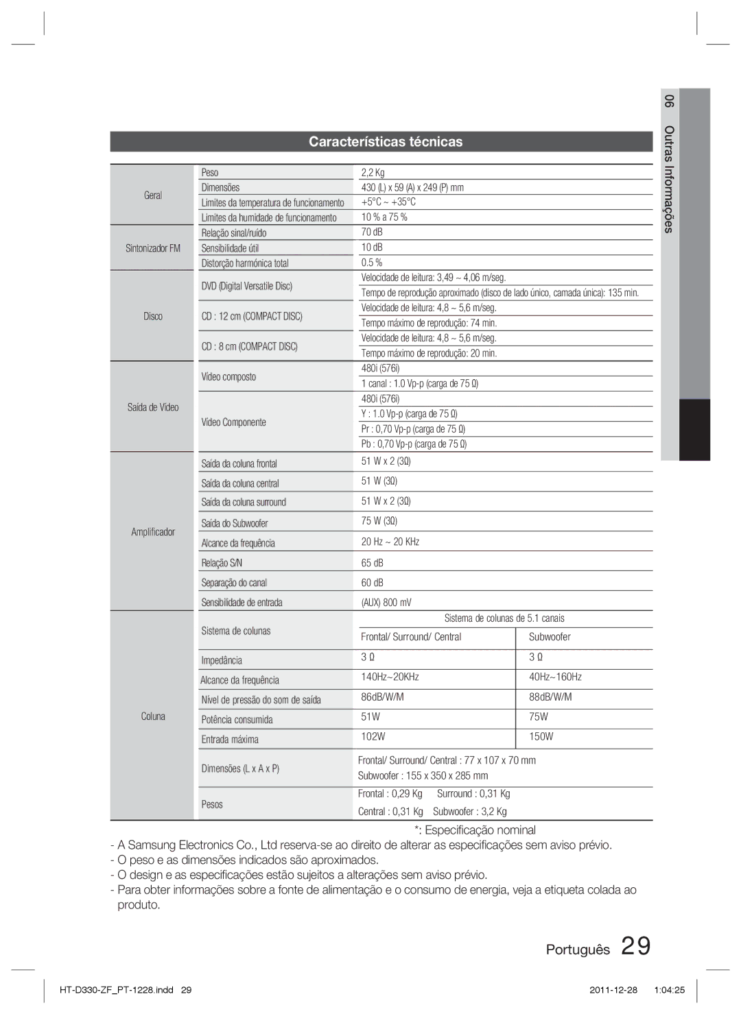 Samsung HT-D330/ZF manual Características técnicas 