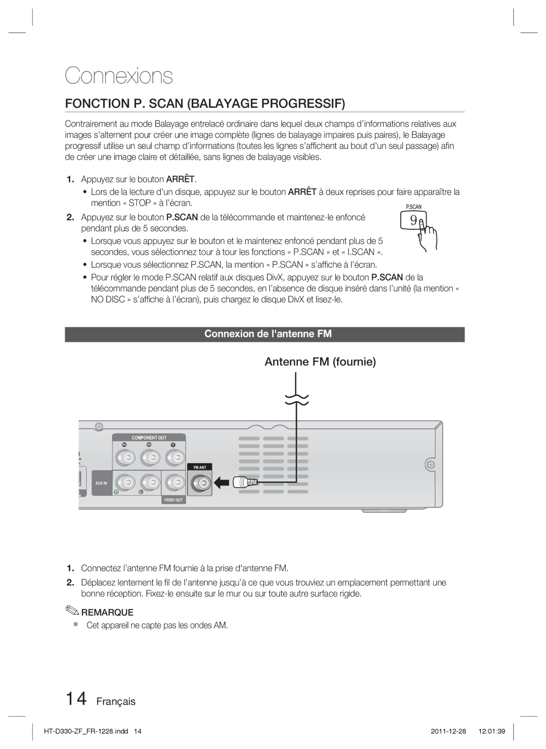 Samsung HT-D330/ZF manual Fonction P. Scan Balayage Progressif, Antenne FM fournie, Connexion de lantenne FM 