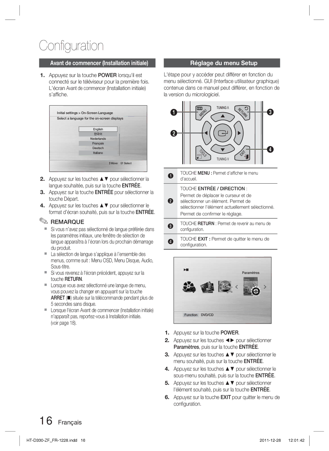 Samsung HT-D330/ZF manual Conﬁguration, Réglage du menu Setup, Voir, Appuyez sur la touche Power 