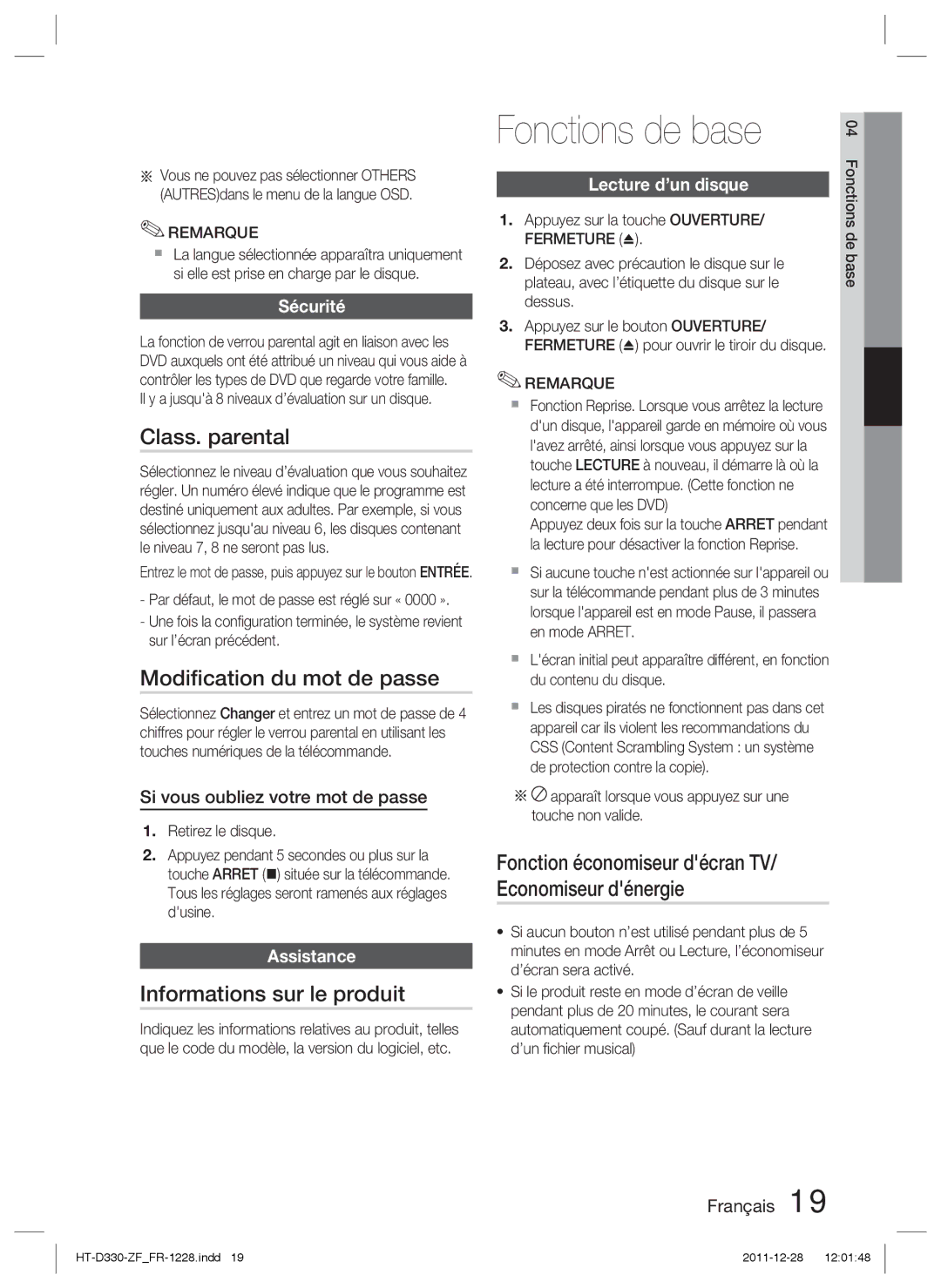 Samsung HT-D330/ZF manual Fonctions de base, Class. parental, Modiﬁcation du mot de passe, Informations sur le produit 