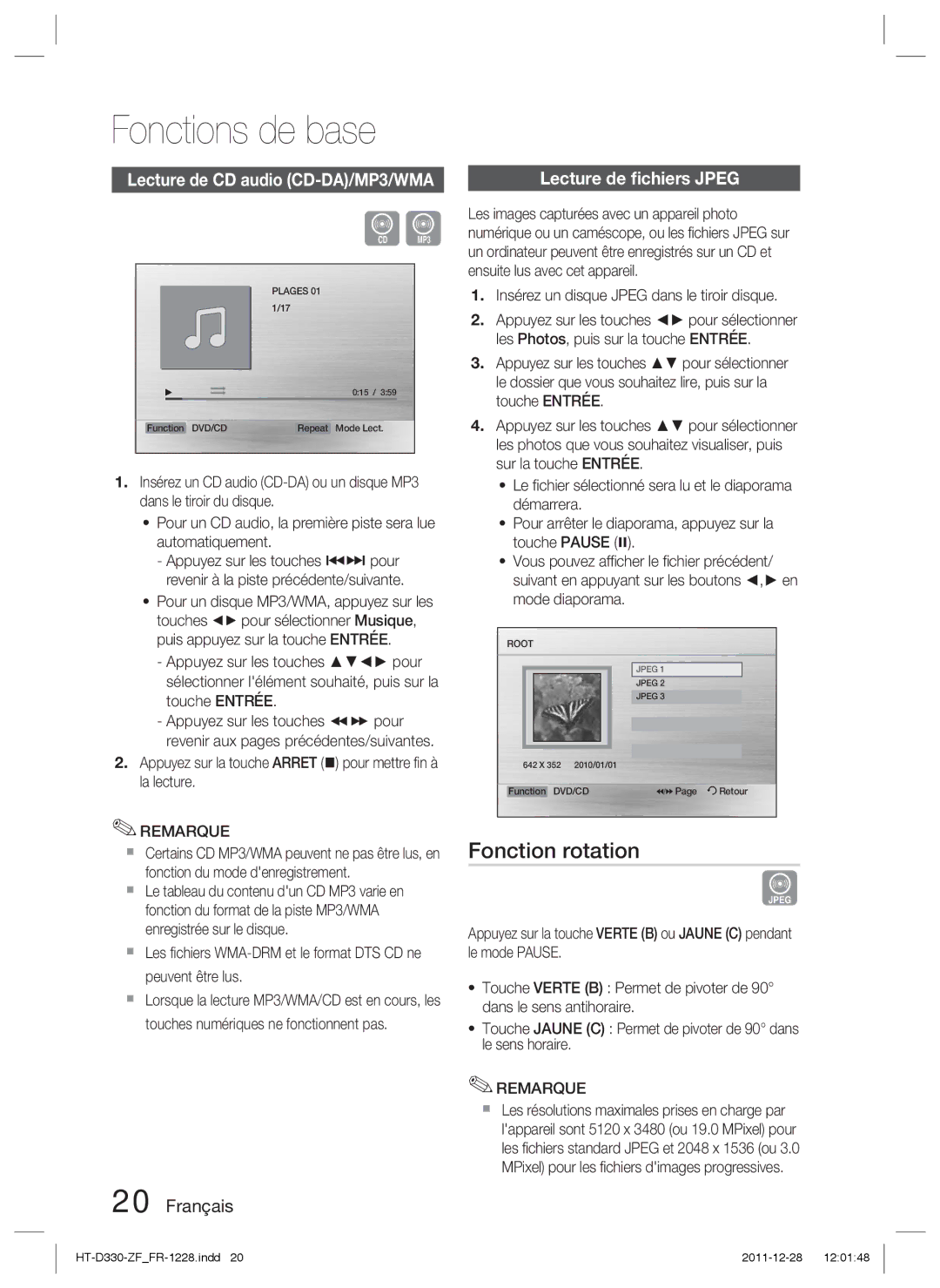 Samsung HT-D330/ZF manual Fonction rotation, Lecture de CD audio CD-DA/MP3/WMA, Lecture de ﬁchiers Jpeg 