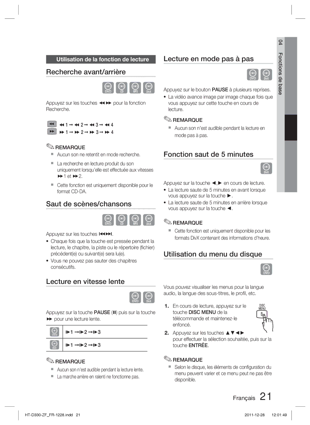 Samsung HT-D330/ZF Recherche avant/arrière, Saut de scènes/chansons, Lecture en vitesse lente, Lecture en mode pas à pas 