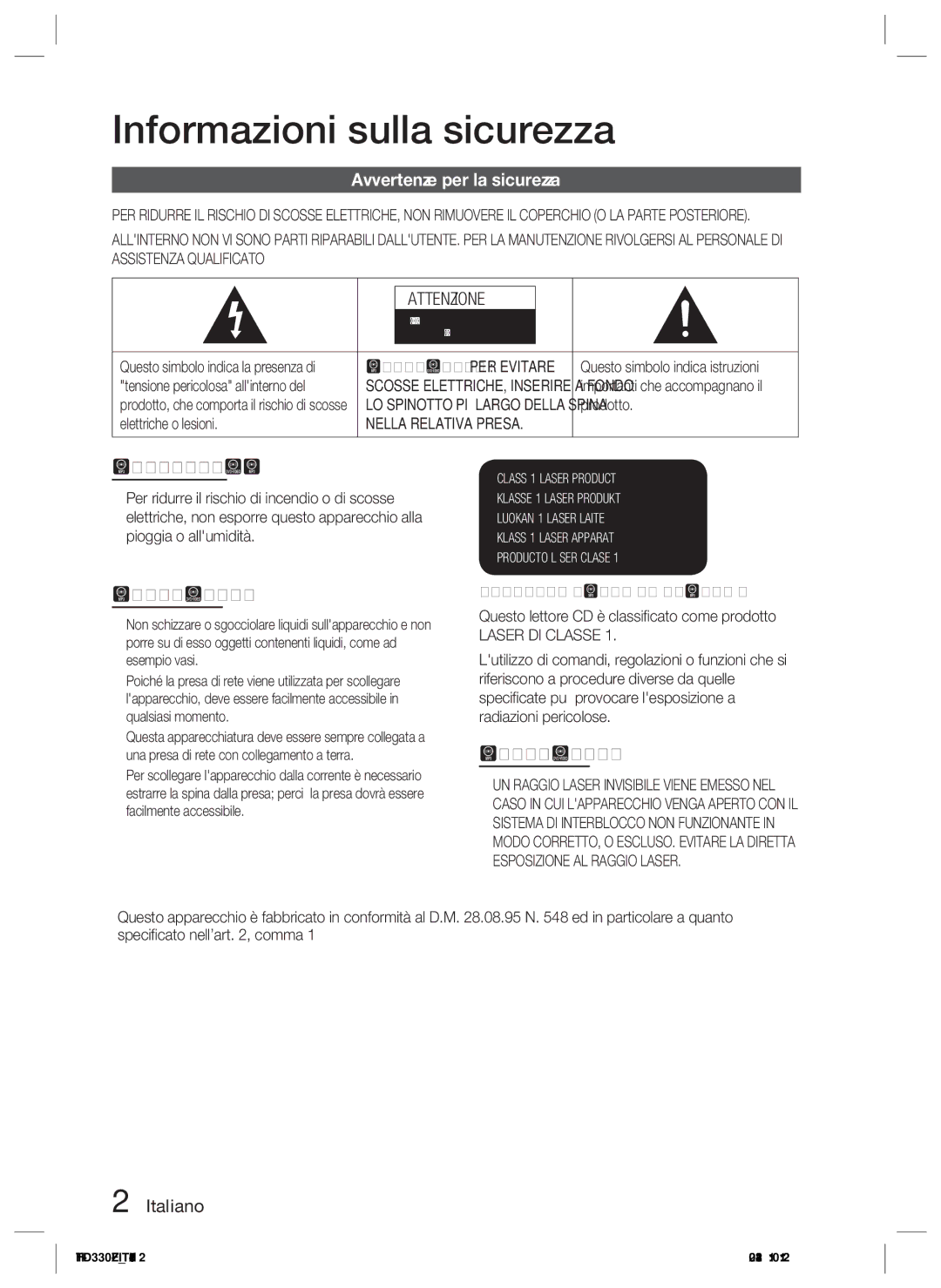 Samsung HT-D330/ZF manual Informazioni sulla sicurezza, Avvertenze per la sicurezza, Italiano 