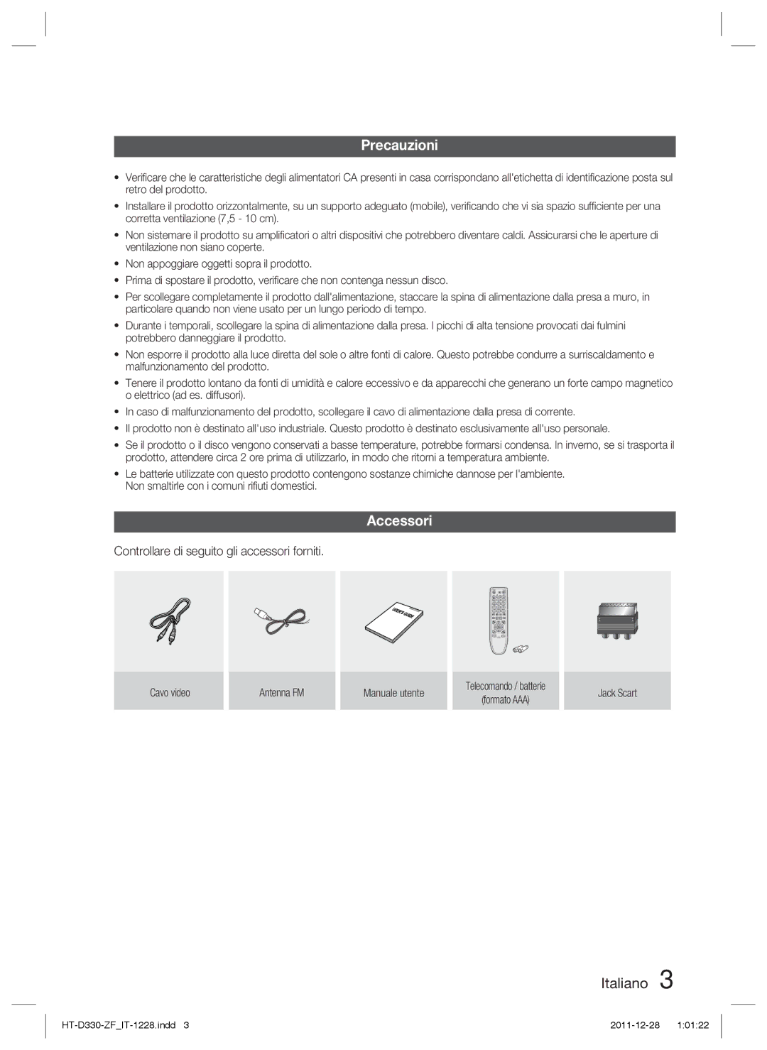 Samsung HT-D330/ZF manual Precauzioni, Accessori, Controllare di seguito gli accessori forniti 