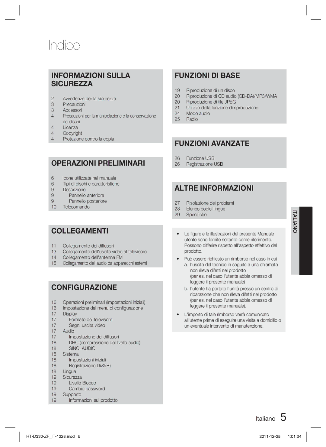 Samsung HT-D330/ZF manual Indice, Funzione USB Registrazione USB, Risoluzione dei problemi Elenco codici lingue, Speciﬁche 