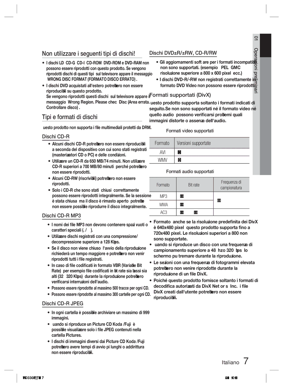 Samsung HT-D330/ZF manual Non utilizzare i seguenti tipi di dischi, Tipi e formati di dischi 