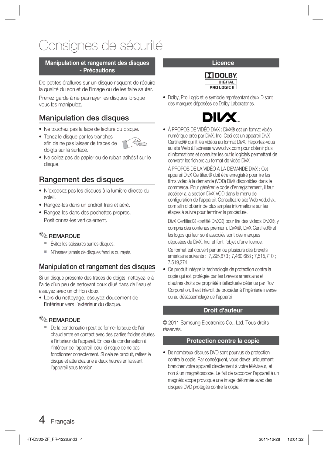 Samsung HT-D330/ZF manual Manipulation des disques, Rangement des disques, Manipulation et rangement des disques, Remarque 