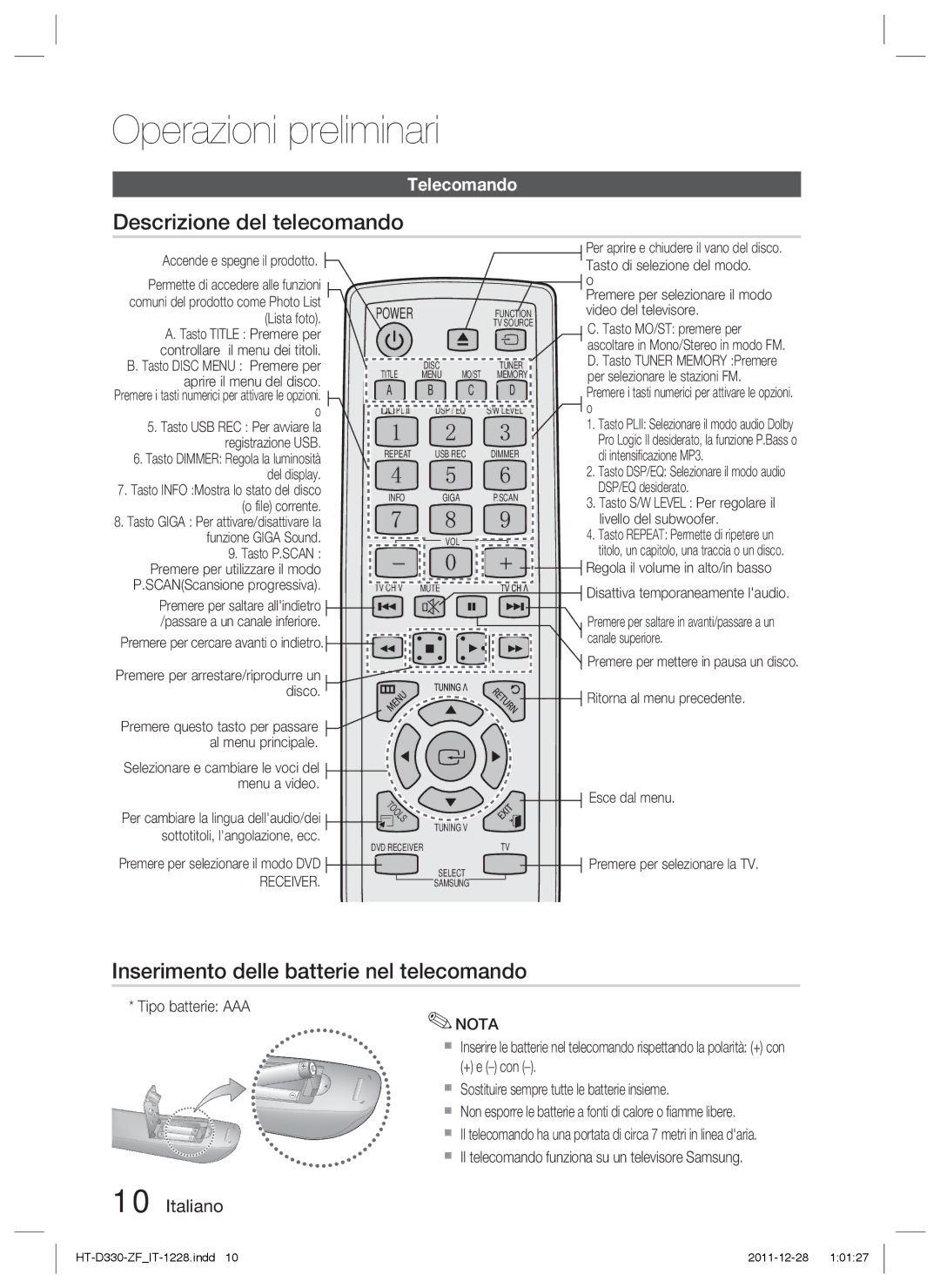 Samsung HT-D330/ZF Descrizione del telecomando, Inserimento delle batterie nel telecomando, Telecomando, Tipo batterie AAA 