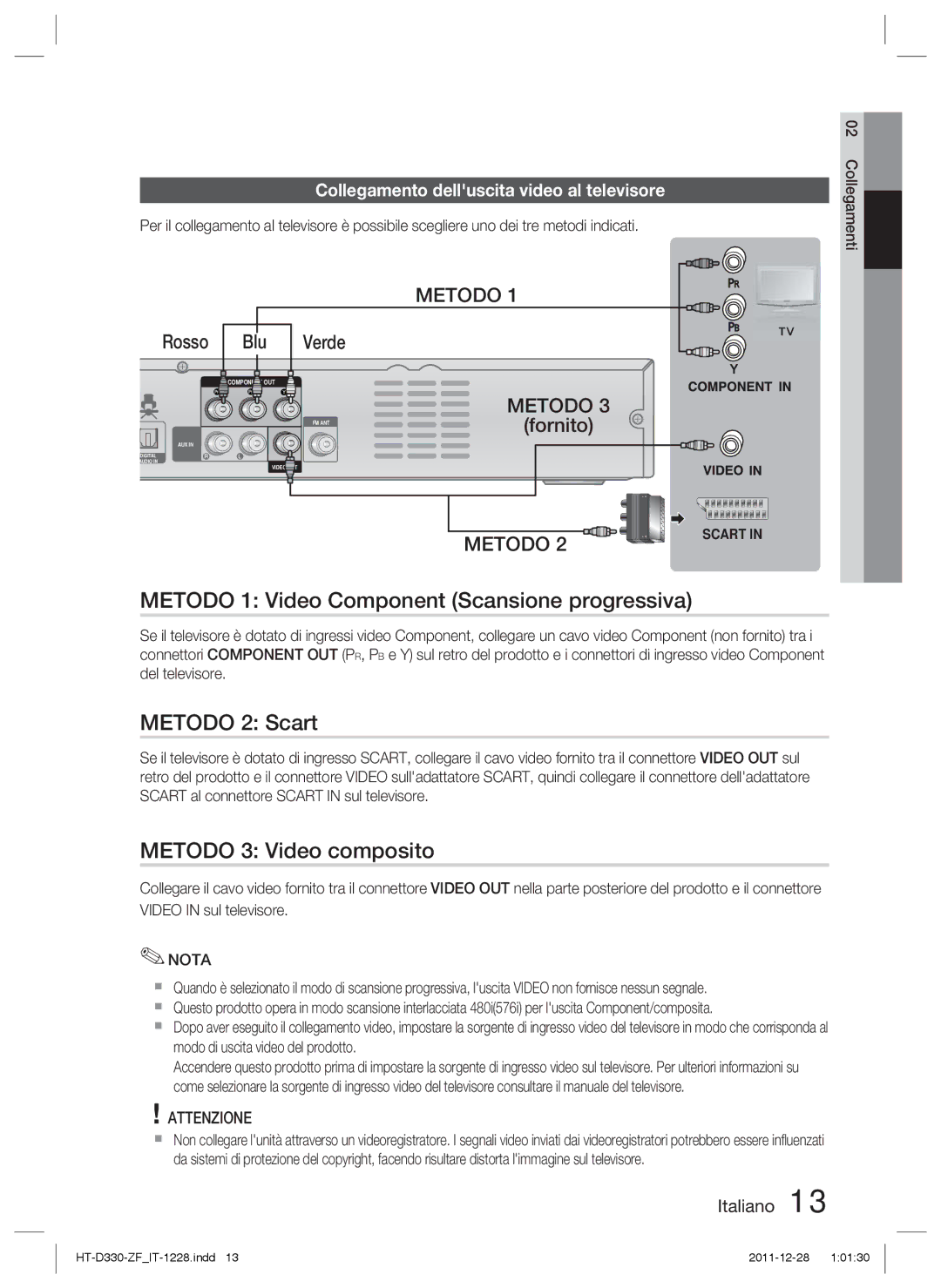 Samsung HT-D330/ZF manual Metodo 1 Video Component Scansione progressiva, Metodo 2 Scart, Metodo 3 Video composito 