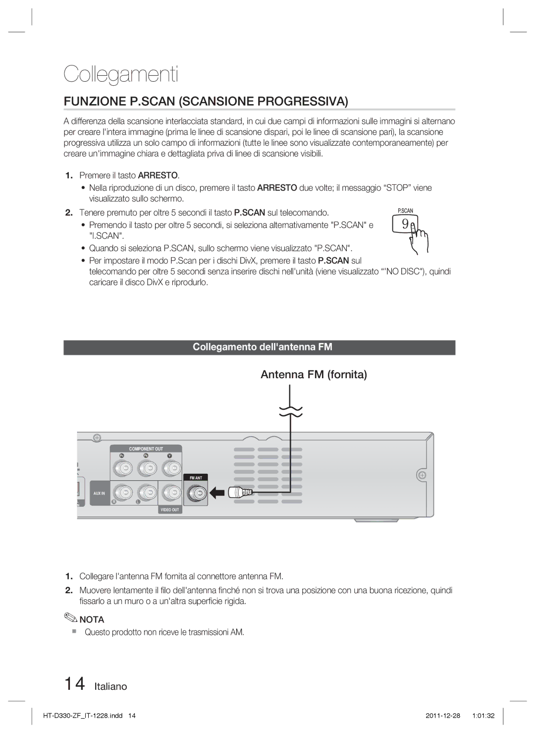 Samsung HT-D330/ZF manual Funzione P.SCAN Scansione Progressiva, Antenna FM fornita, Collegamento dellantenna FM 