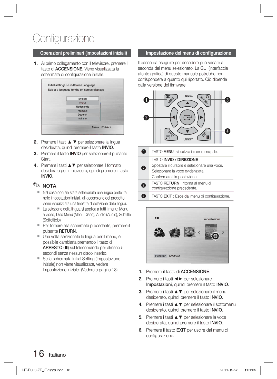 Samsung HT-D330/ZF manual Conﬁgurazione, Impostazione del menu di conﬁgurazione, Invio Nota 