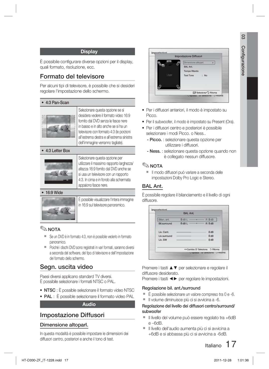 Samsung HT-D330/ZF manual Formato del televisore, Segn. uscita video, Impostazione Diffusori, Display 