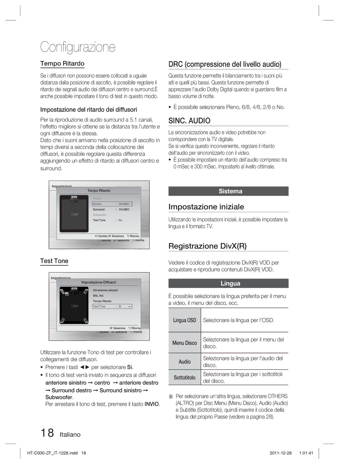 Samsung HT-D330/ZF manual DRC compressione del livello audio, SINC. Audio, Impostazione iniziale, Registrazione DivXR 