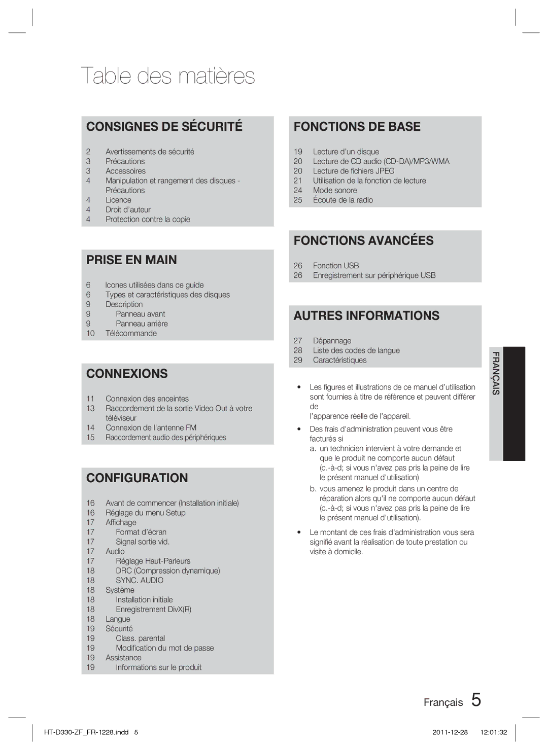 Samsung HT-D330/ZF manual Table des matières, Fonction USB Enregistrement sur périphérique USB, Caractéristiques 