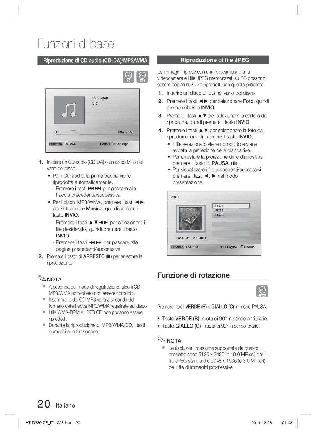 Samsung HT-D330/ZF manual Funzione di rotazione, Riproduzione di ﬁle Jpeg, Invio 