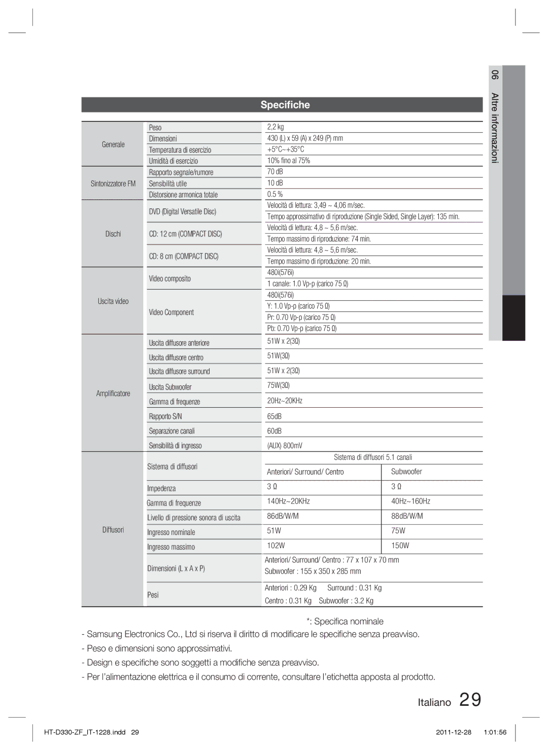 Samsung HT-D330/ZF manual Speciﬁche 