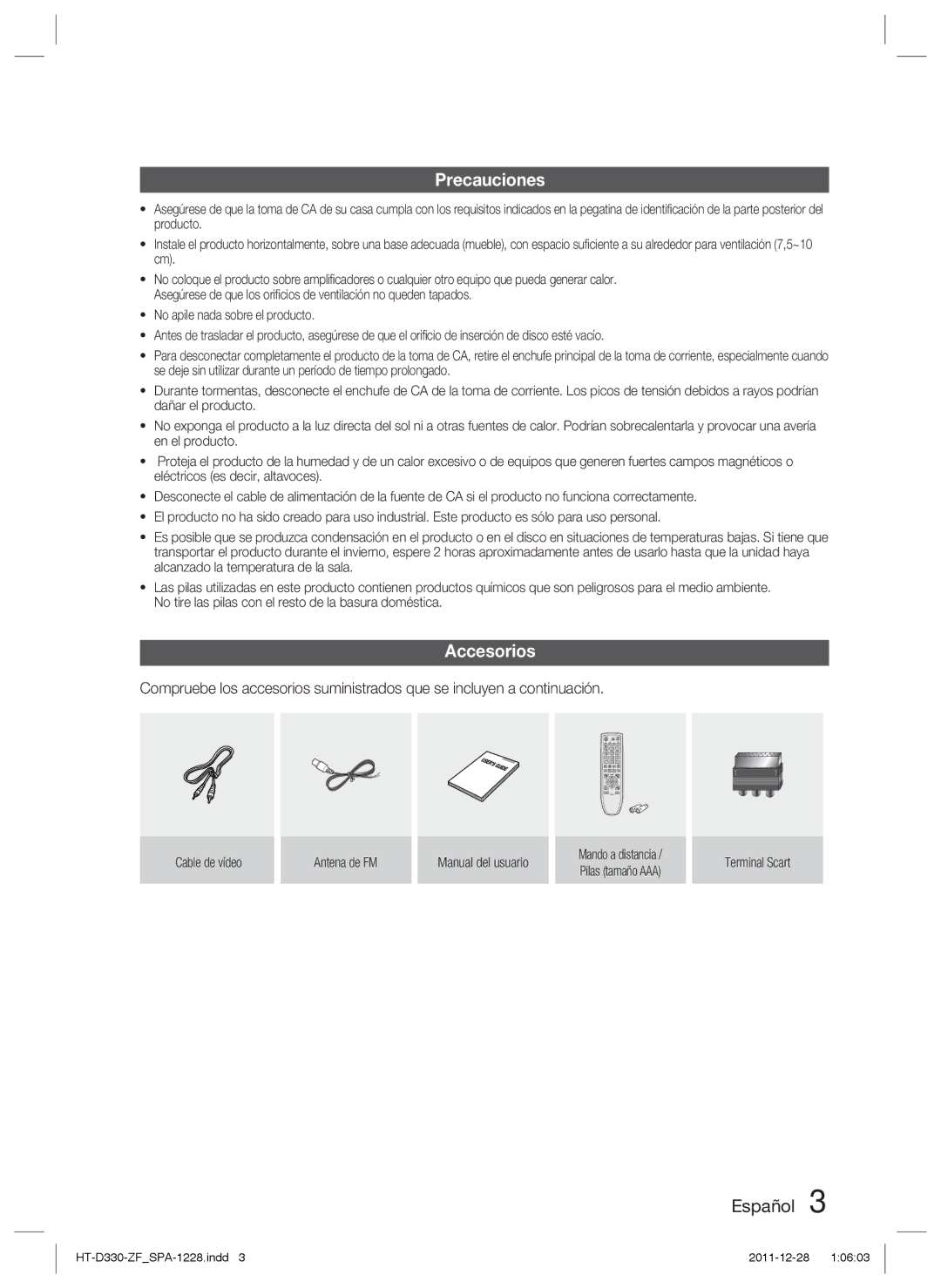 Samsung HT-D330/ZF manual Precauciones, Accesorios, Cable de vídeo Antena de FM Manual del usuario, Terminal Scart 