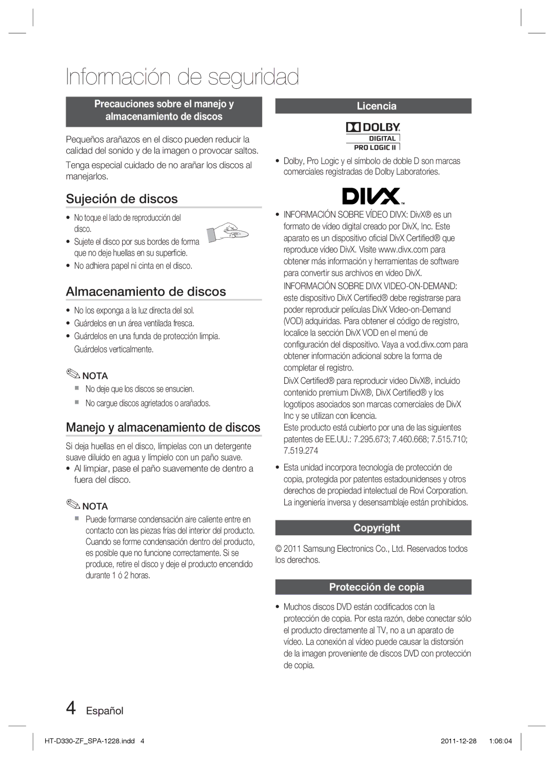 Samsung HT-D330/ZF manual Sujeción de discos, Almacenamiento de discos, Manejo y almacenamiento de discos 