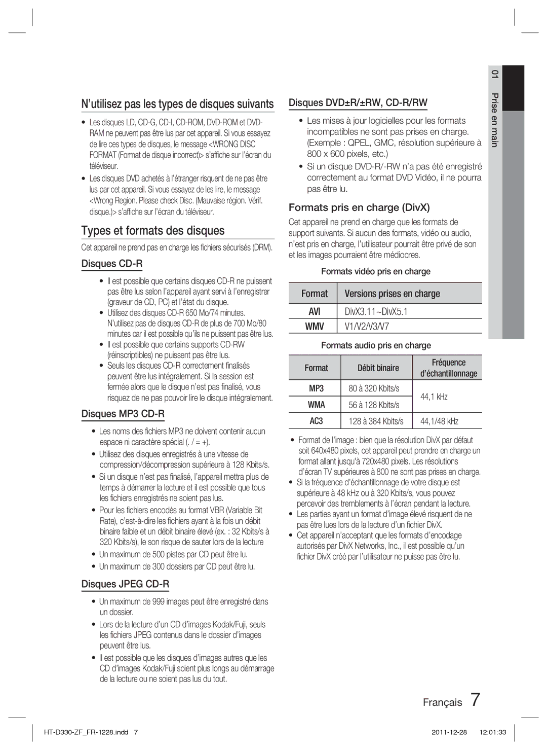 Samsung HT-D330/ZF manual Types et formats des disques 